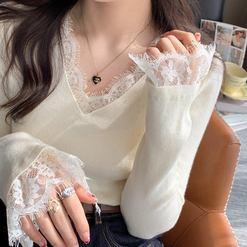 蕾丝边v领针织衫毛衣女2026秋冬大码胖mm收腰显瘦打底衫内搭上衣