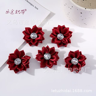 手工花双层八个花瓣睡莲水钻手工花4cm直径装饰睡莲缎带手工花