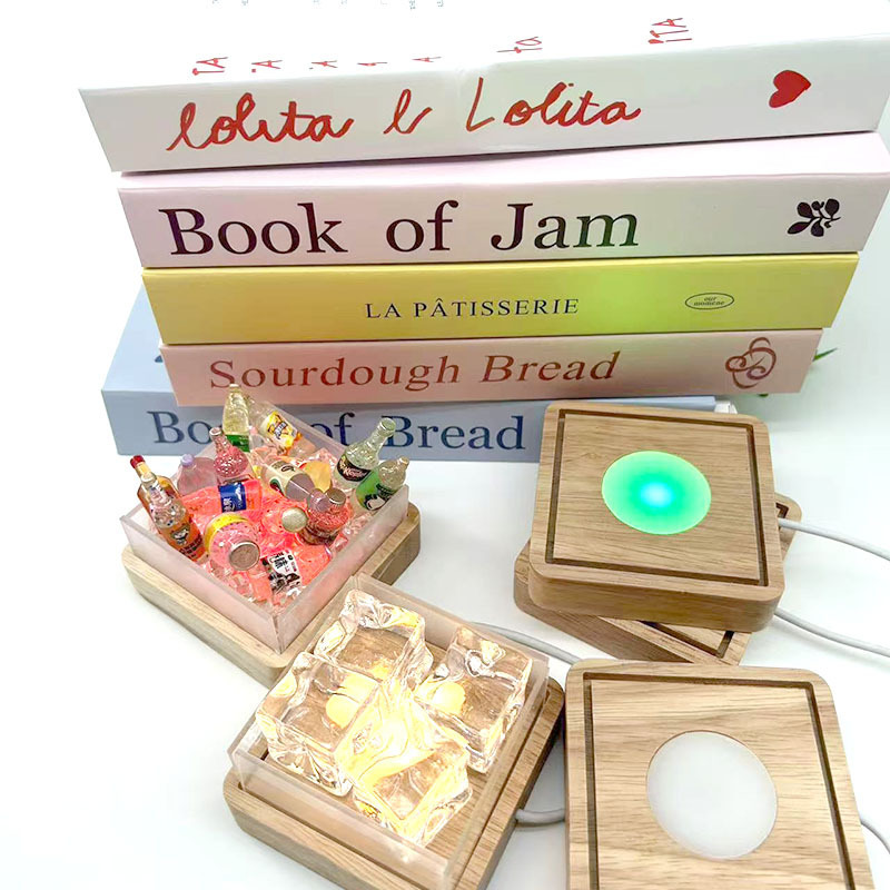 Cube Crystal Solid Wood Luminous Base Acrylic Led Lighting Wooden Crafts DIY Night Light Ornament