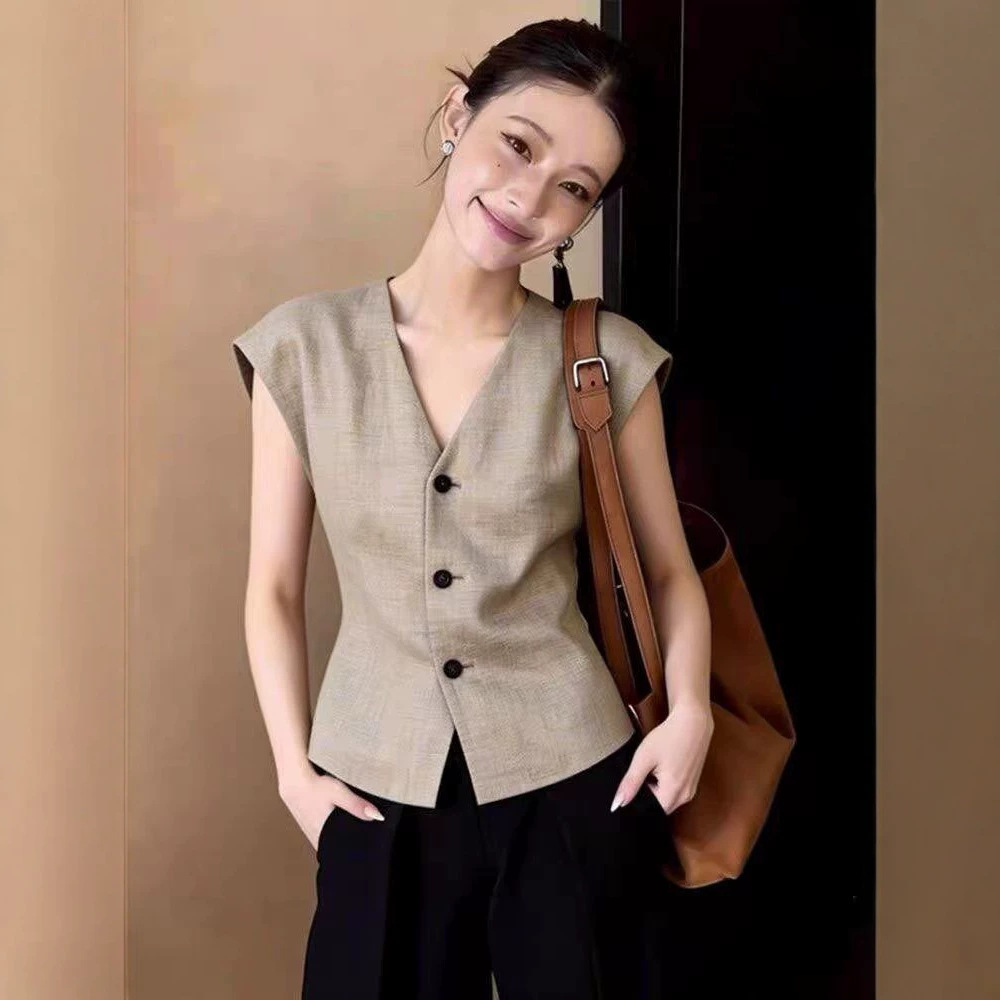 Áo vest gile nữ không tay công sở kiểu mới mùa xuân hè — màu kaki chi tiết 4