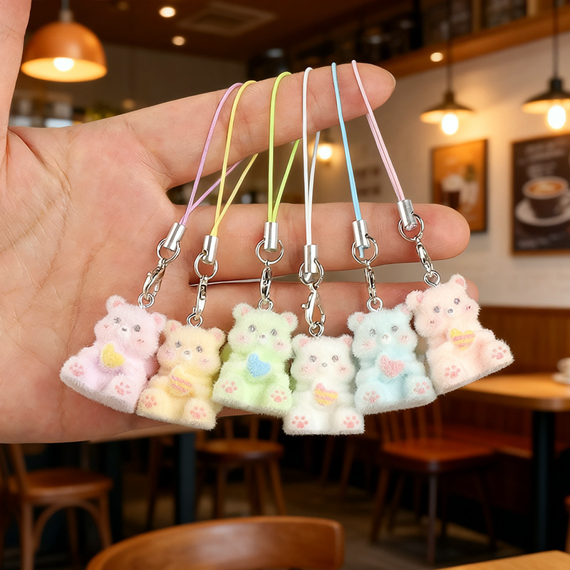 Resin Flocked Bow Bear Mobile Phone Rope Cute and Sweet Creative Cartoon Student Accessories Mobile Phone Chain Pendant