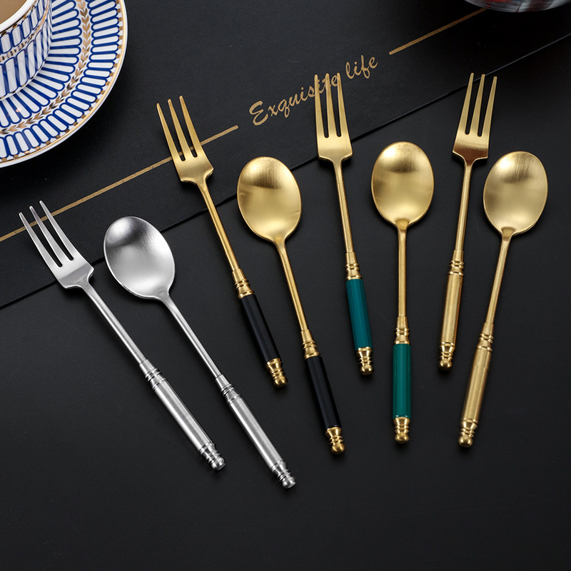 Retro 304 de acero inoxidable vajilla cuchara mate Tenedor engrosada mango redondo de oro postre tenedor cuchara de mezcla de café cuchara