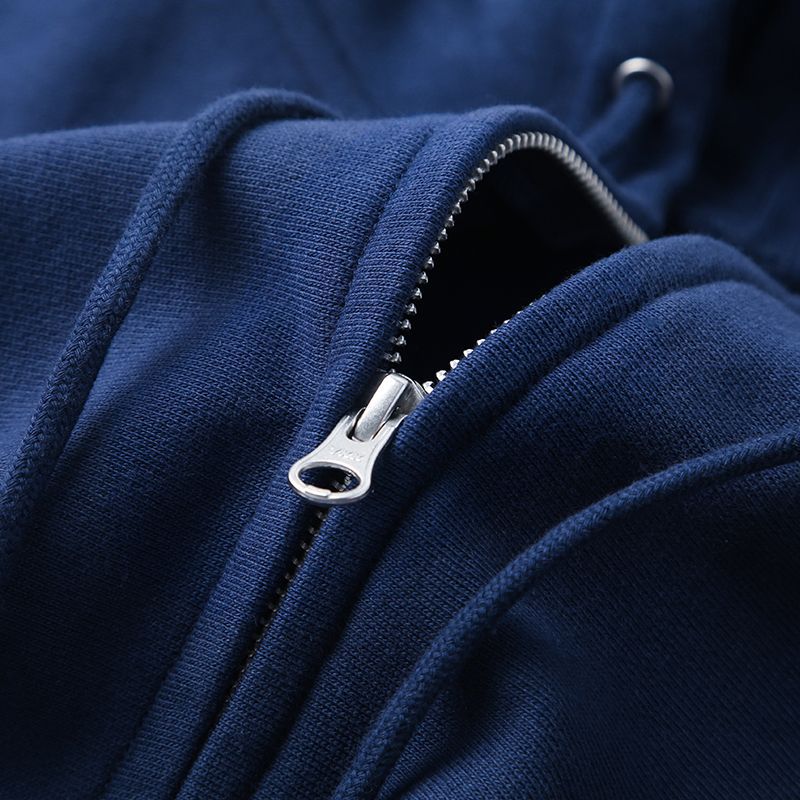 靛蓝色 460g重磅纯棉拉链外套横向编织纯色连帽卫衣男春秋款