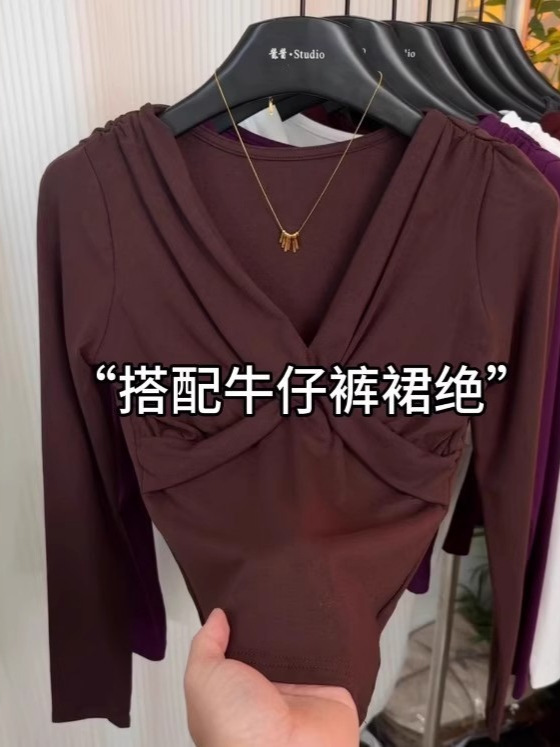 高级小众不撞衫扭结交叉领上衣女秋季新款韩版百搭显瘦V领长袖T恤|undefined