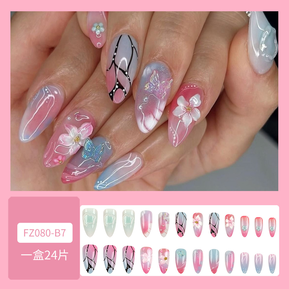 Diamantes transfronterizos nueva armadura portátil 3D en relieve tridimensional flor mariposa uñas postizas 24 piezas manicura al por mayor