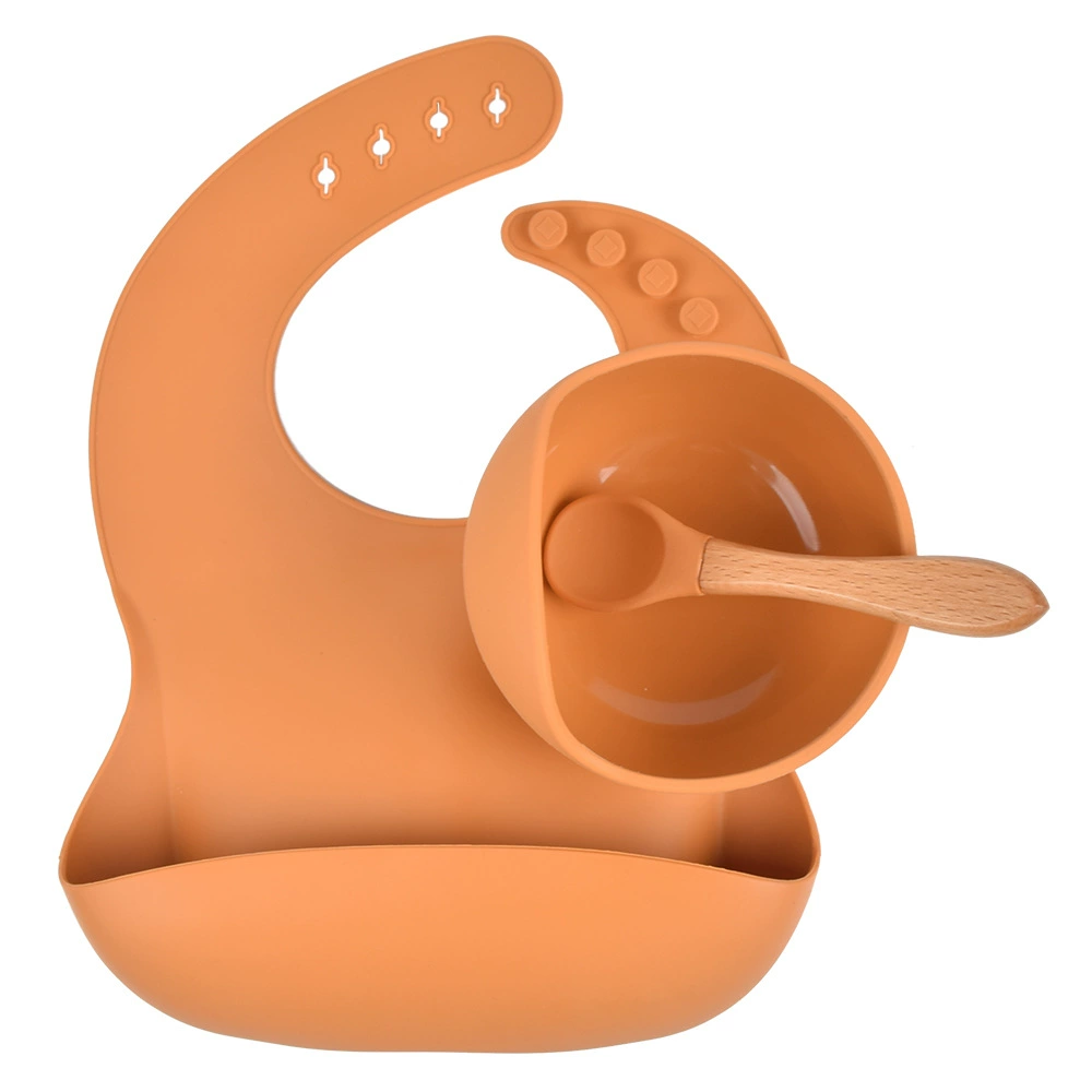 Silicone children's tableware set — bib, bowl and spoon with suction base, multi-color