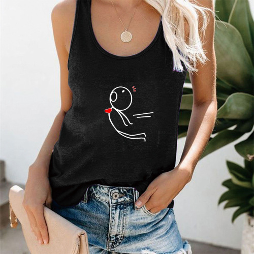 Valentine's Day women's summer cotton wide waist V-neck top with simple line drawing character heart loose sleeveless base top