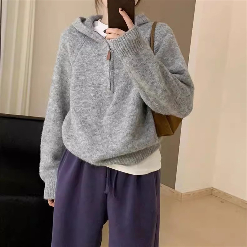 设计感半拉链套头连帽毛衣女秋冬新款韩系宽松纯色软糯气质针织衫|undefined