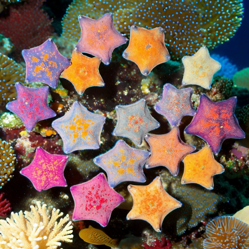 Гетерохроматическая морская звезда, одна картинка, один предмет, морская звезда особого цвета, редкая морская звезда, живая розово-красная шестиугольная семиточечная морская звезда.