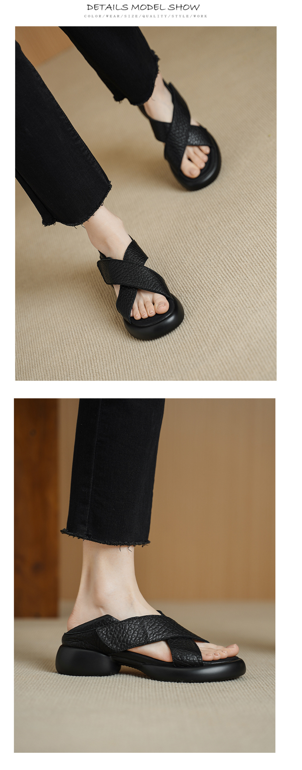 Sandal nữ hở mũi đế dày 4 cm da cừu quai ngang khóa — đen chi tiết 10