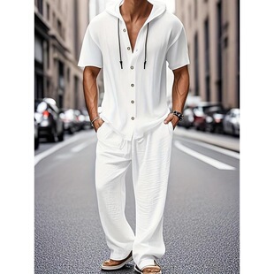 H 56670 Casual Hooded Linen Short Sleeve Pants Set ���e�Bñ