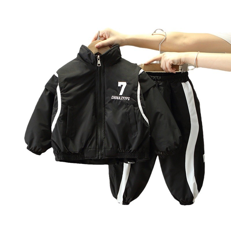 6551 Traje de invierno para niños 2025 Nuevos modelos de otoño e invierno para niños Abrigo grueso de dos algodón Pantalones cálidos de dos piezas