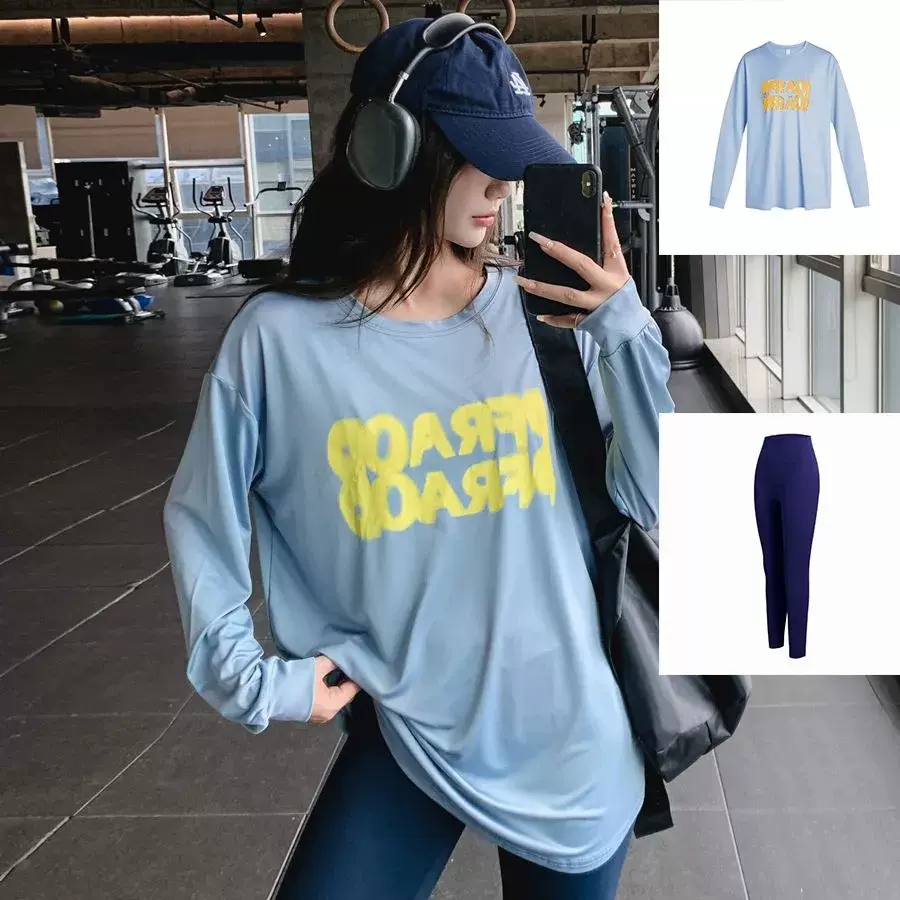 秋冬健身瑜伽大码胖妹妹长袖宽松中长款套装显瘦户外运动速干套装