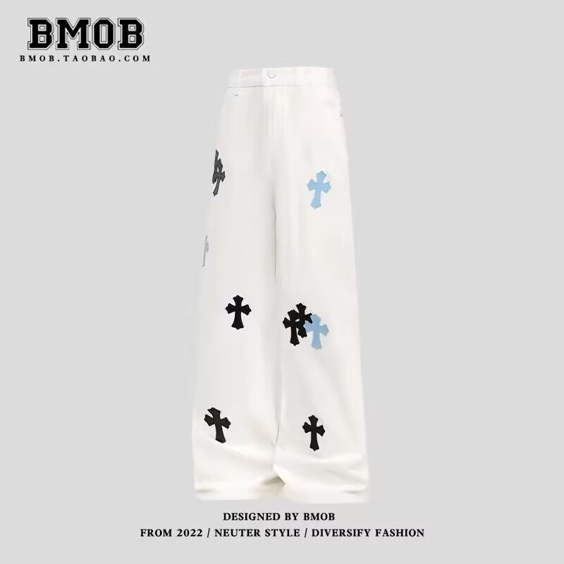 Cross-Border Exclusive Spring and Autumn New American High Street Fashion Brand Cross Leather Label Straight Wide-Leg White Jeans Trendy