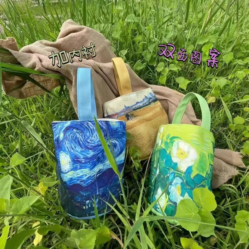 MAMIE new Van Gogh painting bucket bag artistic hand bag Japanese style water Cup bag vintage hand carrying canvas bag