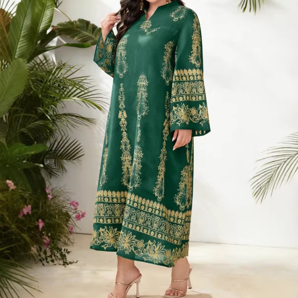 Exclusive Cross-border Supply Of Middle Eastern Embroidered Robes, Plus-size Women's Green V-neck Bell-sleeve Loose_ecoleips.com