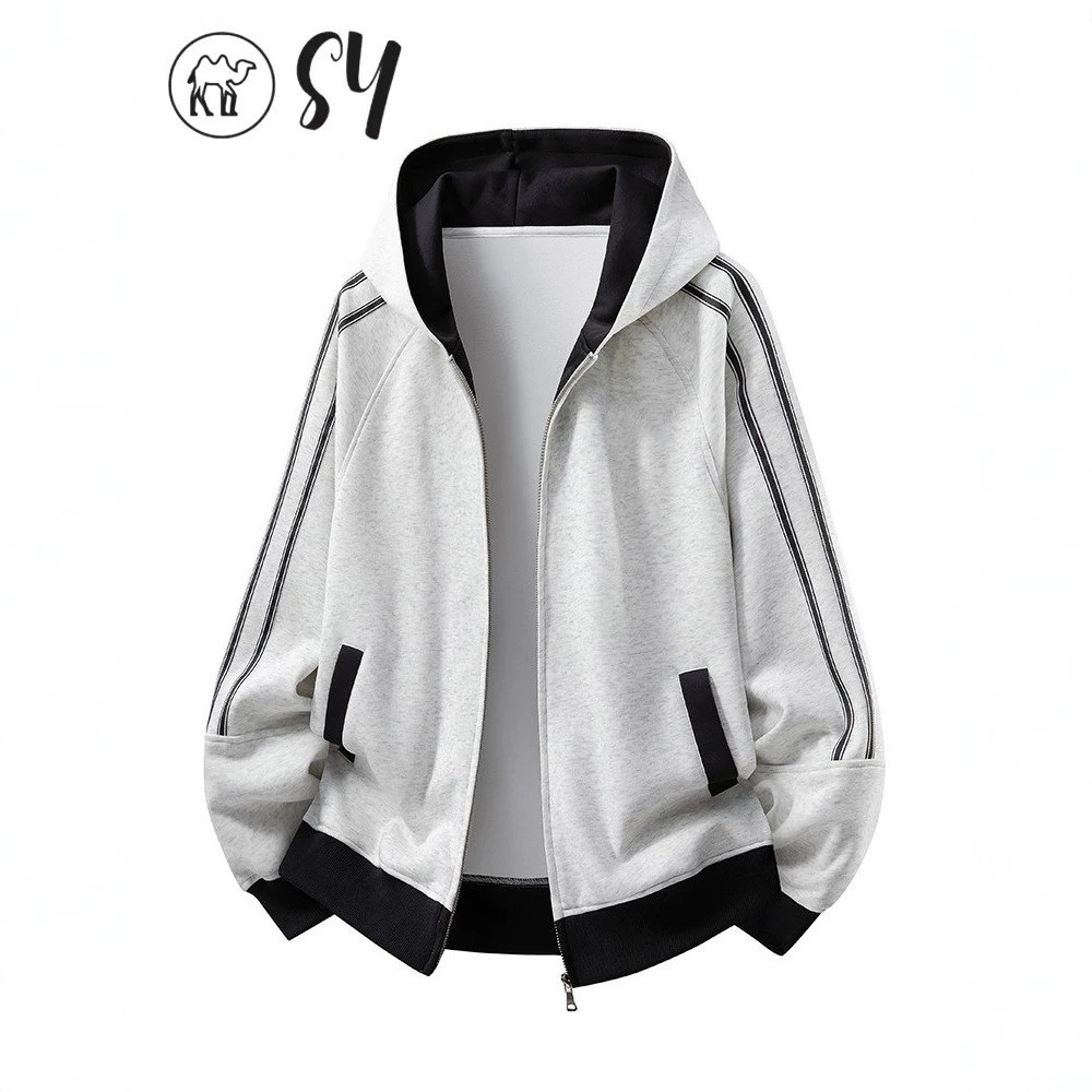 Designer gray cardigan sweatshirt for women, 2026 new autumn collection, loose striped early autumn sports hooded jacket for petite figures