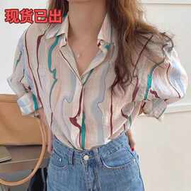炸街亮眼衬衣韩国ins褶皱撞色条纹宽松长袖衬衫上衣女图片色欧美