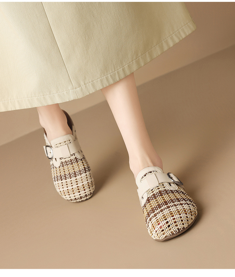 Dép sandal nữ quai chữ V dệt hở thoáng khí, đế bệt — AB211 Màu be chi tiết 12