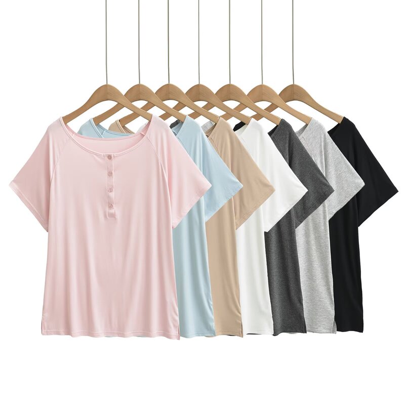 Unique casual simple off-shoulder design retro loose casual lazy style short-sleeve slit top T-shirt Unique casual simple off-shoulder design retro loose casual lazy style short-sleeve slit top T-shirt