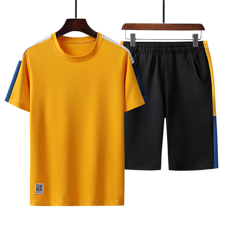 Traje de verano de dos piezas de los hombres ropa deportiva casual micro elástico ropa de correr de color cuello redondo manga corta Camiseta + Pantalones recortados color sólido