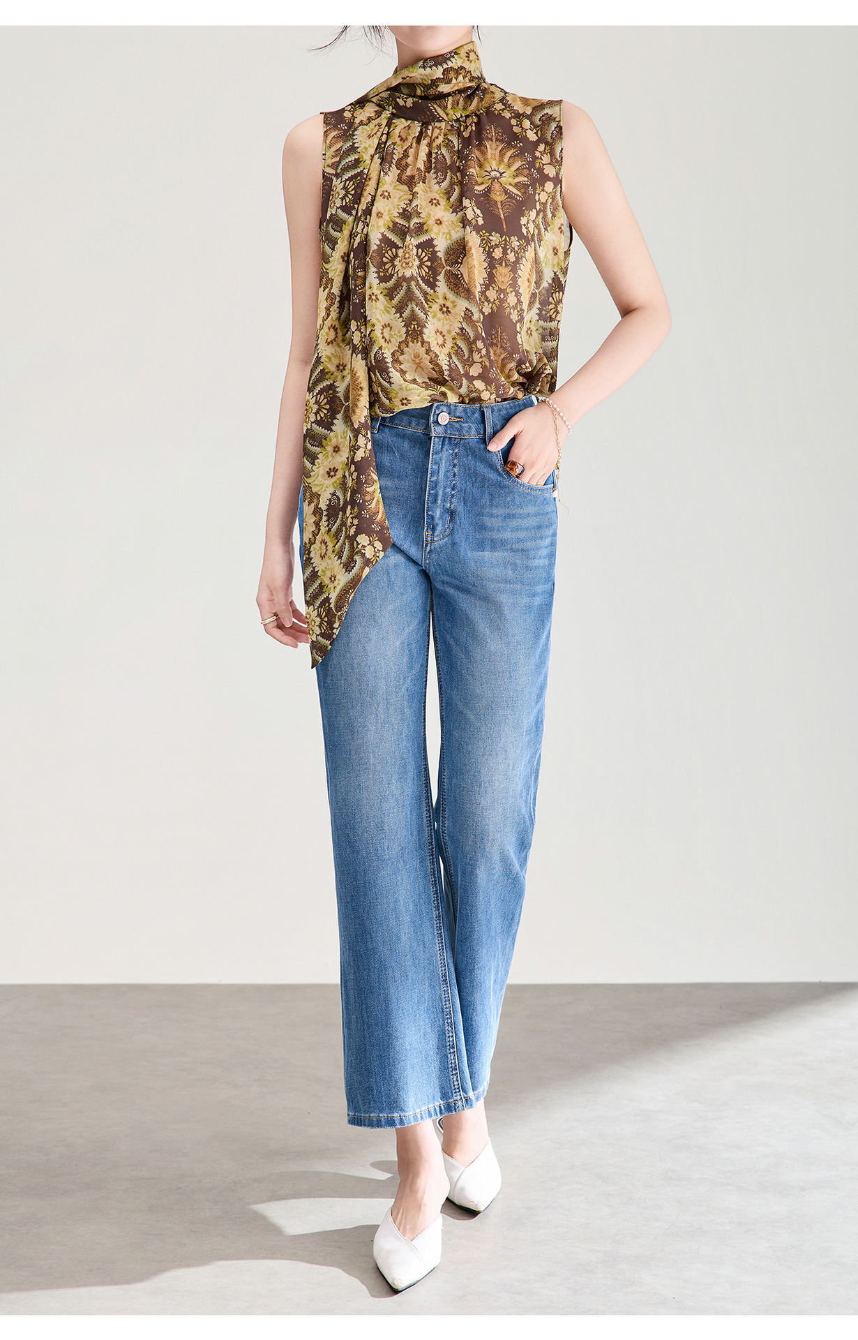 Quần jean nữ cạp cao ống suông vải cotton co giãn mềm mại — xanh lam chi tiết 22