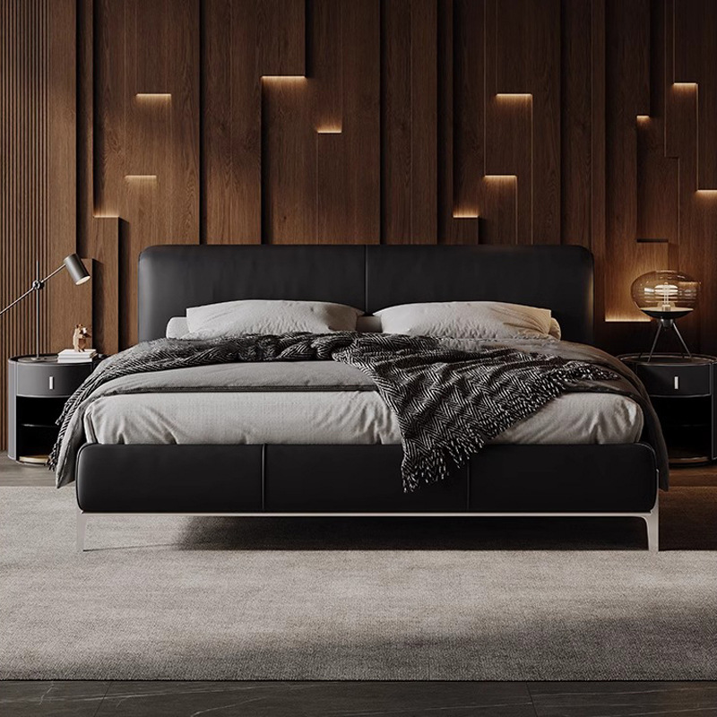 Cama de samurai negro, cama de cuero minimalista italiana, cama de dormitorio principal, cama queen size, 2 * 2.2m, cama de matrimonio, cama doble, cama de cuero negro