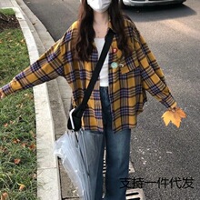 CD春秋女韩版宽松百搭复古格子甜美长袖衬衫设计感小众女学院风衬