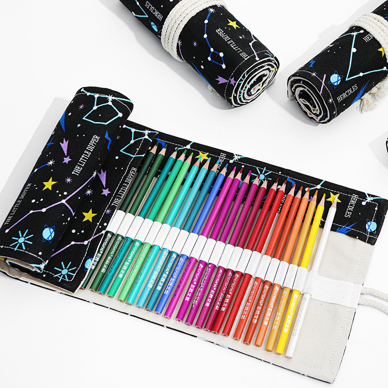Night Sky Sketch Colored Lead Pencil Bag Primary School Students Large Capacity Canvas Pen Curtain Roll Pencil Bag 36 48 72 Holes Creative Pen Roll