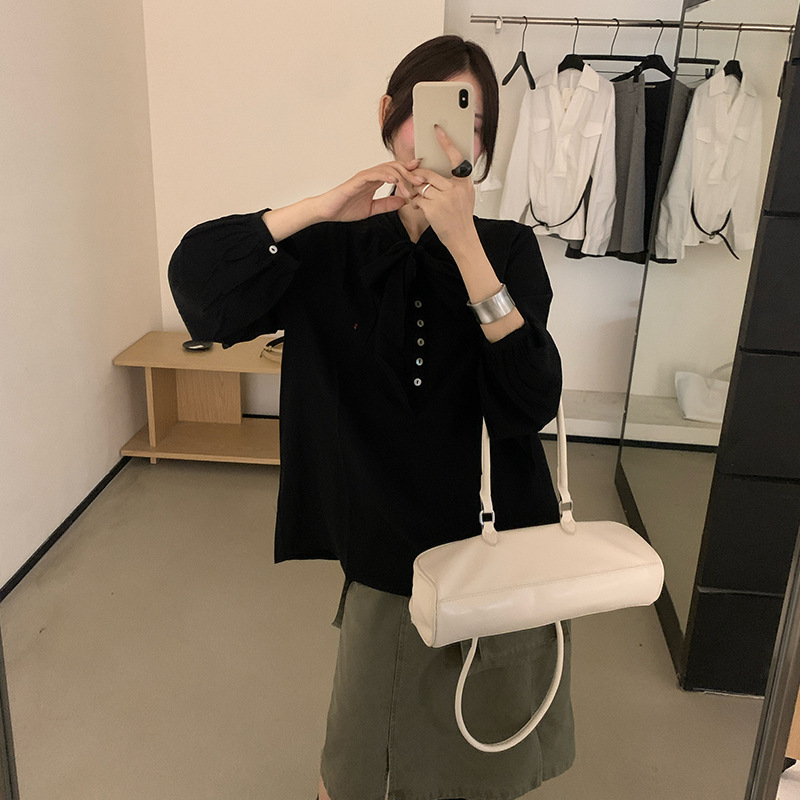 In-Stock 2026 Spring New Korean-Style Elegant Niche Loose Bow Tie Long-Sleeve Slimming Shirt for Women