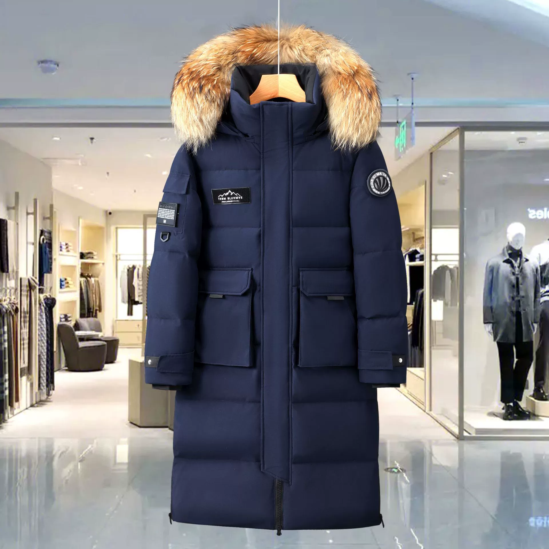 Новое длинное пуховое пальто 2025 года с большим меховым воротником, капюшоном, утолщенное, теплое, длиной до колена.