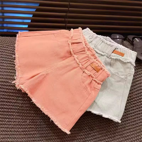 2024 Korean Women's Retro Fashion Denim Shorts Summer New Arrival Thin Loose Wide Leg Frayed Denim Shorts