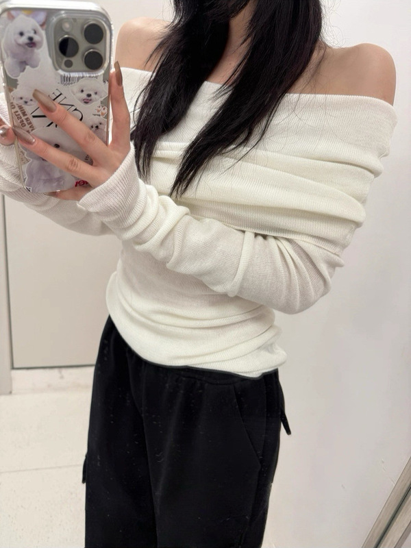 50%羊毛 25aw荡领一字肩两穿毛衣女秋季法式修身露肩斜肩针织上衣|undefined