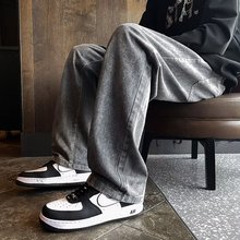 2024春季新款港风日系复古水洗摸吧抽绳阔腿牛仔裤男生直筒裤子