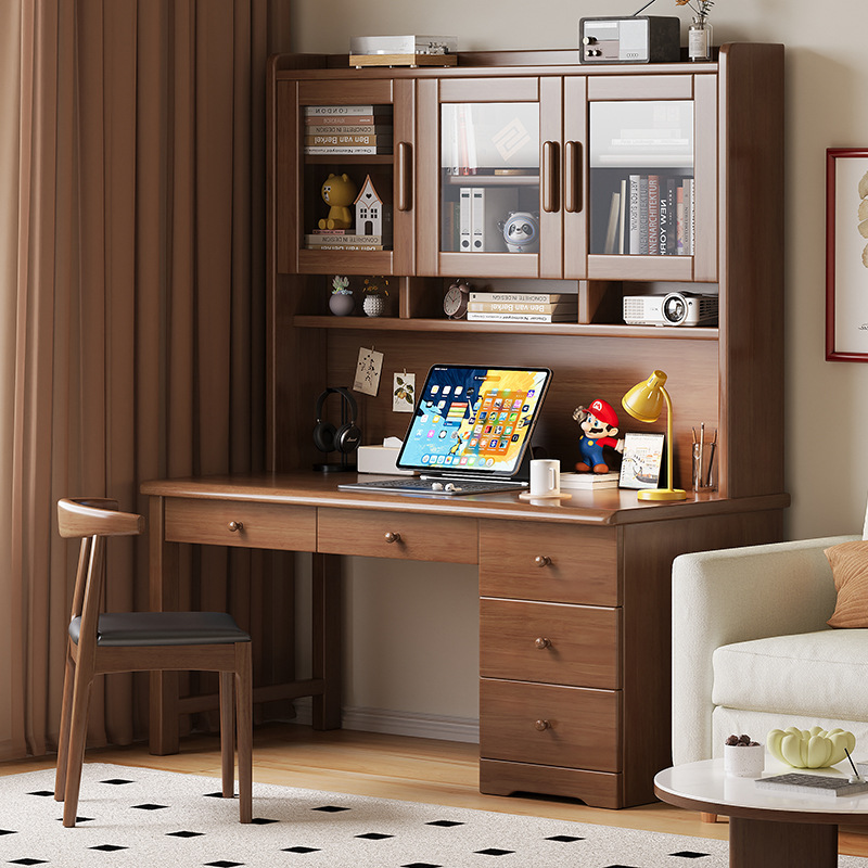 Solid Wood Desk Bookshelf Integrated Home Desk Study Living Room Study Table Bedroom Small Apartment Student Computer Desk