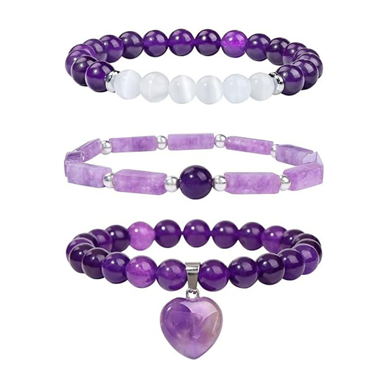 Cross-Border Women's 8mm Amethyst Natural Stone Bracelet with Heart Pendant, Elastic Stacked Bracelet, Gift for Best Friend