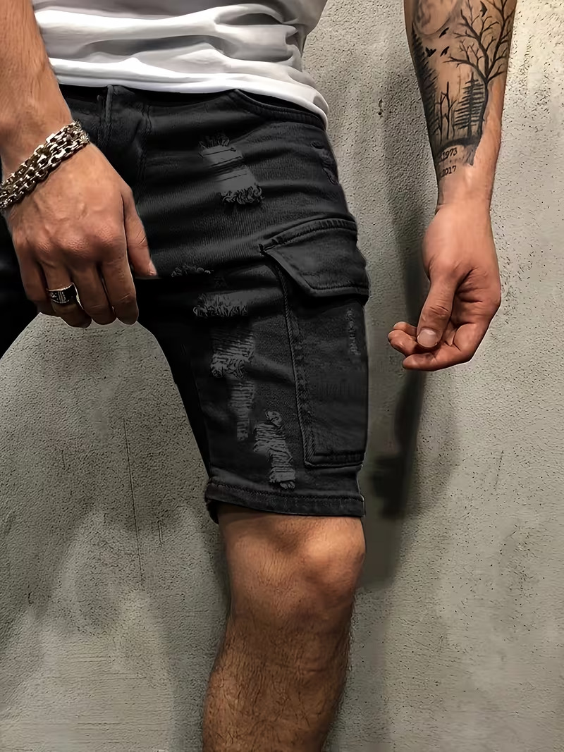 Men's Ripped Denim Shorts, Summer Stretch Cotton Cargo Shorts With Side Pockets, Slim Fit Casual Streetwear Style_viptrois.com