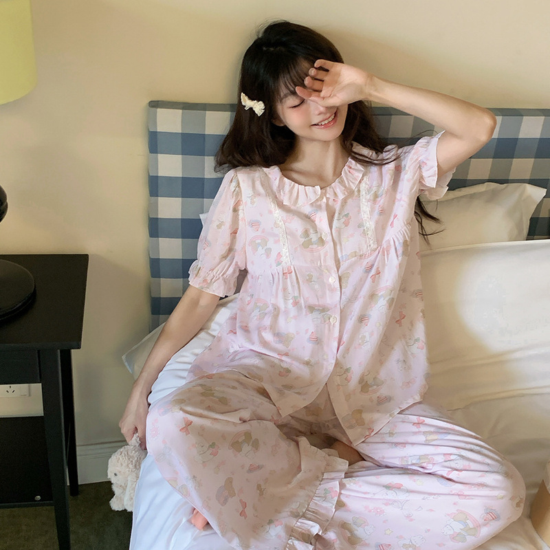 Summer Cute Casual Slim-Fit Blue Cotton Silk Pajamas for Women, Breathable Fresh Print Loungewear That Can Be Worn Outside Summer Cute Casual Slim-Fit Blue Cotton Silk Pajamas for Women, Breathable Fresh Print Loungewear That Can Be Worn Outside