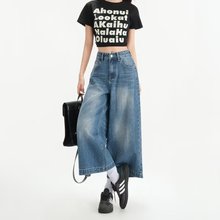 国潮vibe风复古水洗做旧阔腿牛仔短裤女直筒宽松休闲垂坠感七分裤