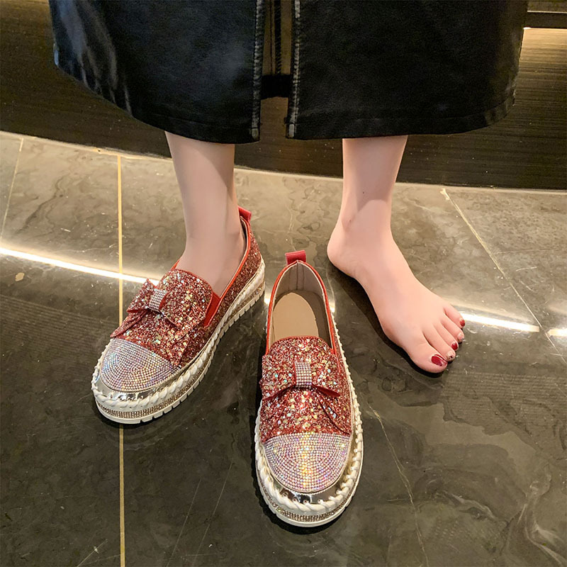 Damenschuhe Strass Plateau Loafer flache dicke Sohlen Freizeitschuhe für Damen Frühling und Herbst neue Bowknot Glitzer Pailletten Einzelschuhe_voghion.com
