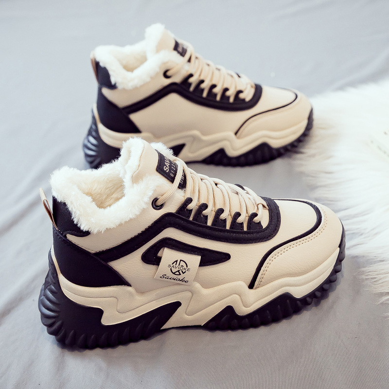 加绒加厚保暖高帮棉鞋女2024冬季新款百搭爆款厚底老爹鞋P1307