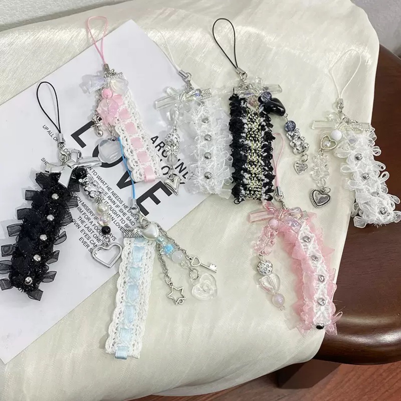 Korean and Japanese Ins Cute Plush Lace Phone Case Pendant Student Girl Backpack Pendant Heart Beaded Chain