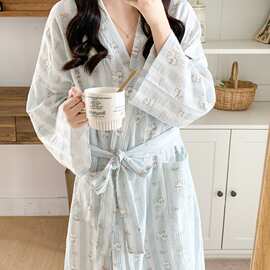 浅蓝白条纹卡通印花系带长袖睡袍女可爱春秋居家睡眠家居服批发