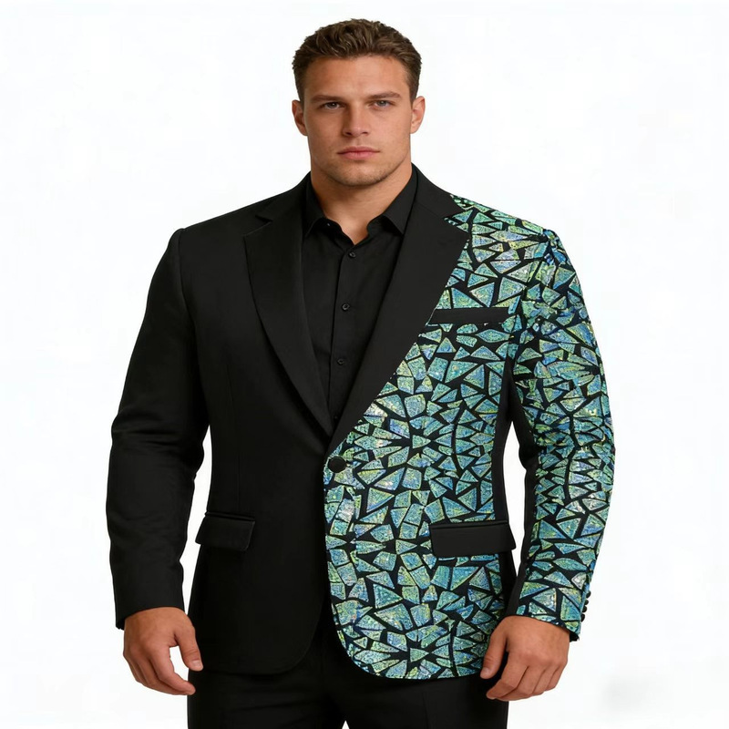 Cross-border US size men's half-suit jacket, performance outfit, nightclub singer casual blazer, iridescent sequin dress