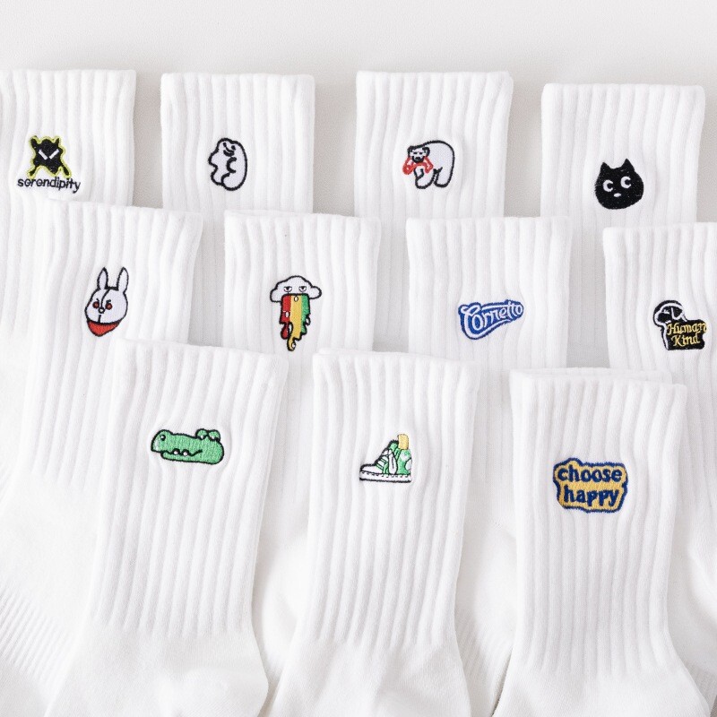 cityboy socks men's autumn and winter New White socks ins popular Net red sweat-absorbent sports embroidered cartoon mid-calf length socks