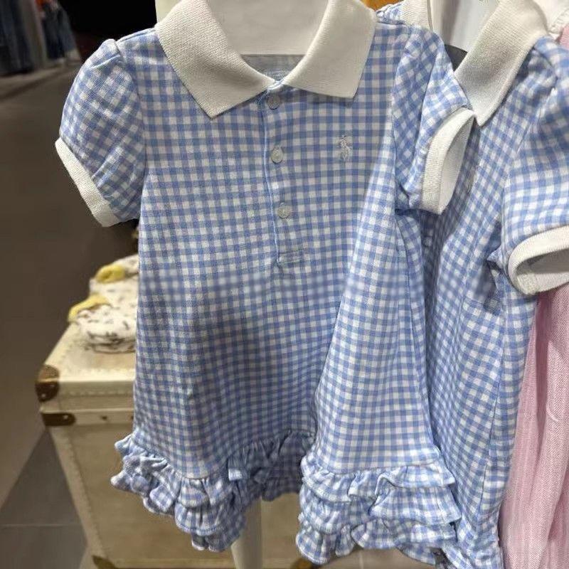 South Korea Children's Wear Girls' Blue and White Plaid Princess Dress for Baby Girls Spring and Summer New Styline Lace Polo Collar dress