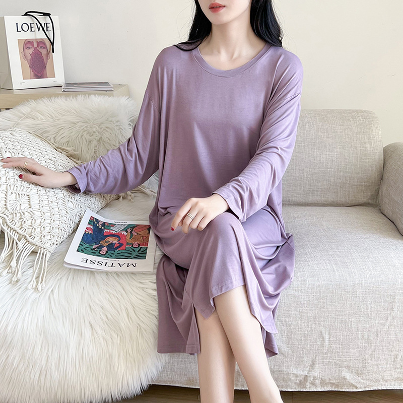 Modal Long-sleeved Nightgown Women's Spring and Summer Thin chubby girl Pregnant Women's dress plus size Casual Home Pajamas