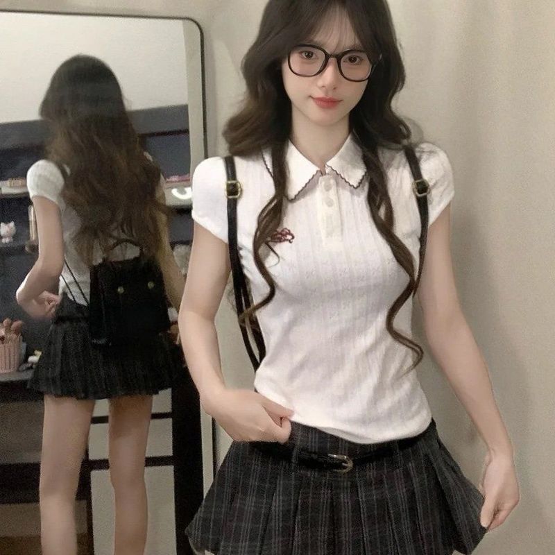 套装女2025夏季新款韩系学院风修身显瘦Polo领T恤上衣高腰半身裙|undefined