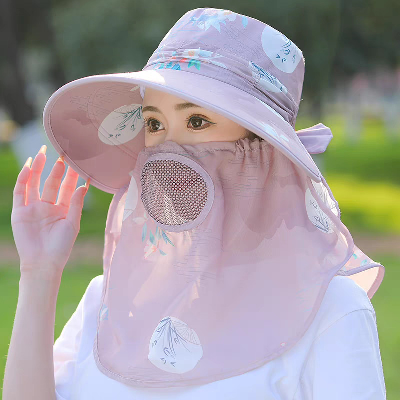 新款大檐遮臉面紗防曬遮陽帽女夏天戶外騎行防曬冰絲遮頸太陽帽子