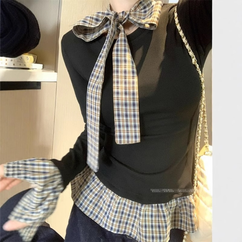 格子蝴蝶结假两件打底衫女春秋冬内搭独特别致设计感小众长袖上衣|undefined